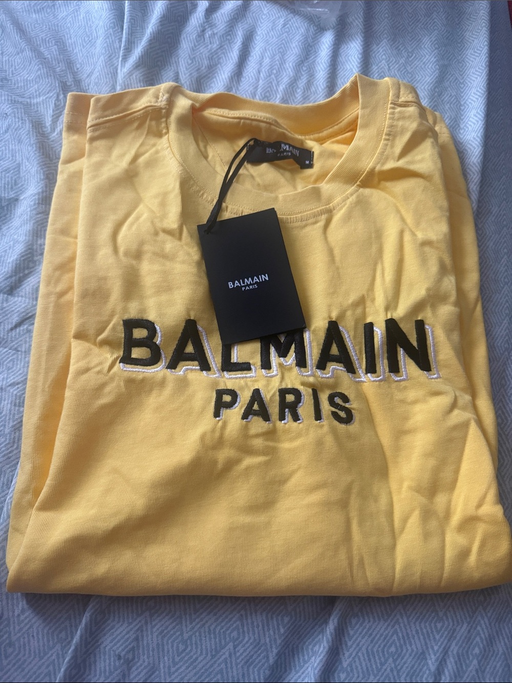 Balmain Yellow Embroidered Logo Short-Sleeve Tee